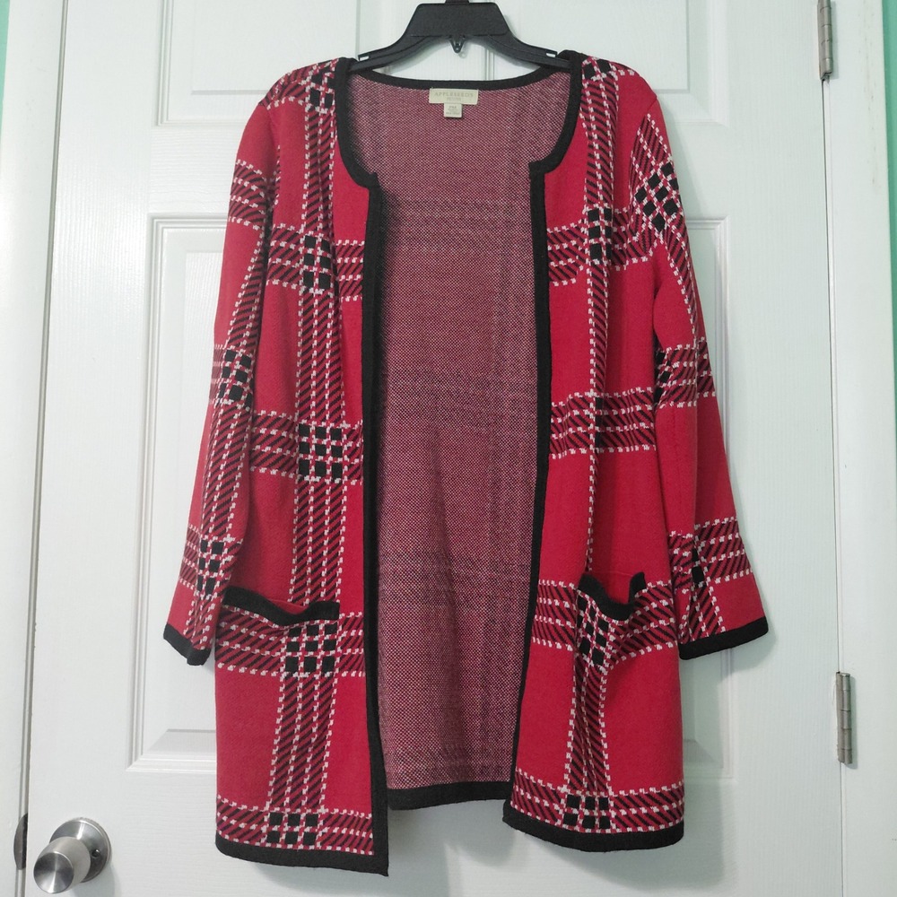 Appleseeds Petites Red Black Plaid Open Front Cardigan Sweater Pockets PM